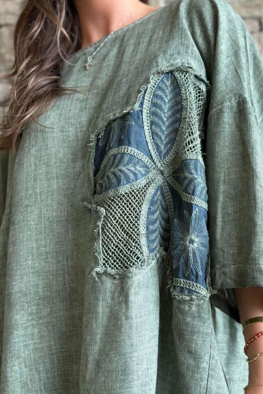 Lindin Linen Blend Crochet Flower Top Washed Khaki